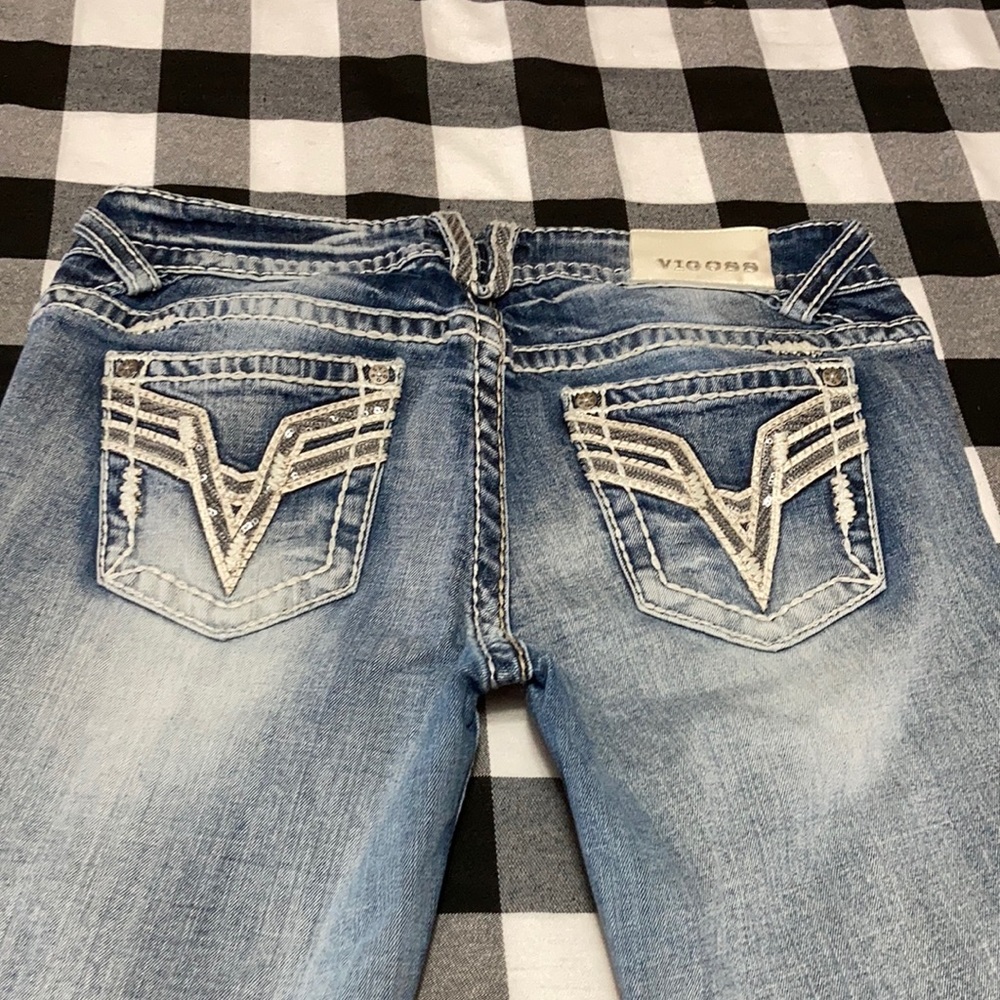EXC! VIGOSS THE CHELSEA CAPRI JEANS 9/10 x21 Distress Holes Sequins Thick Stitch